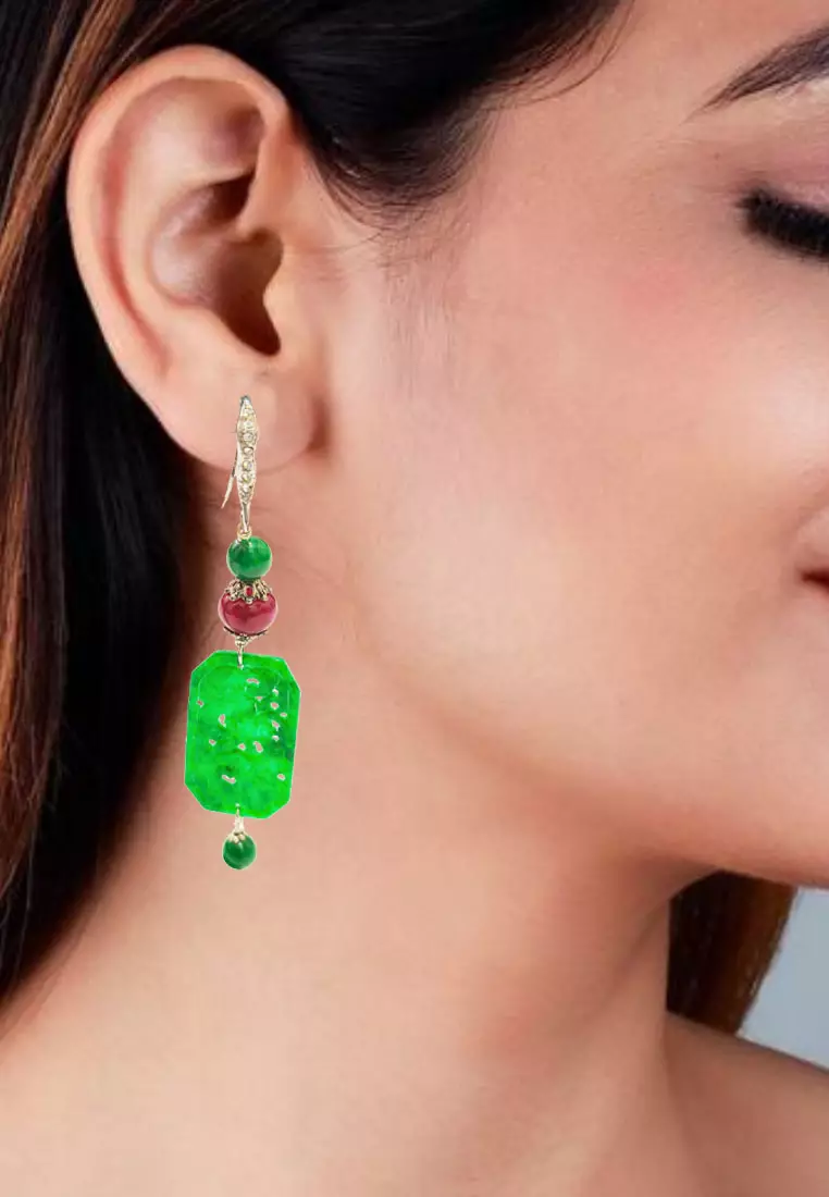 Women's Accessories Ruby Rectangular Jade Earrings Anting Wanita Batu Giok Green
