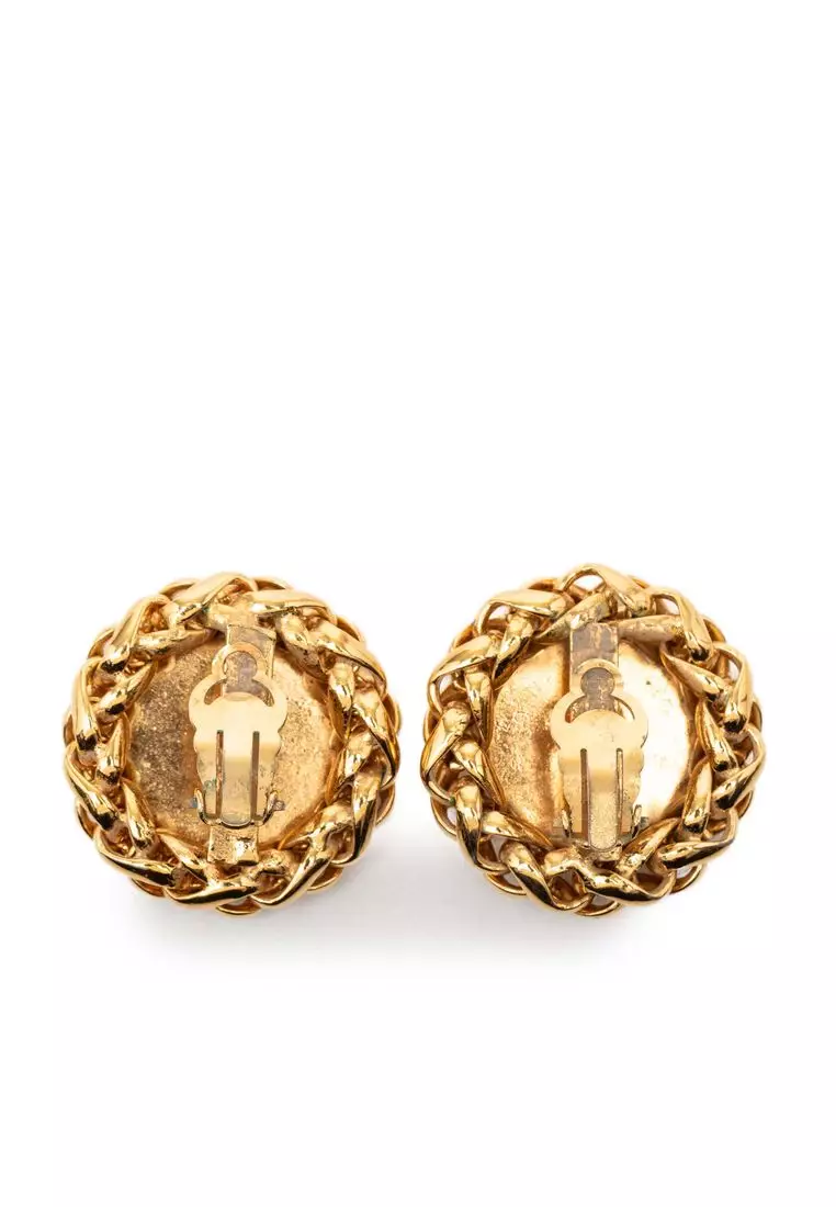 Pre-Loved Chanel Cc Gold Plated Wheat Medallion Clip On Earrings