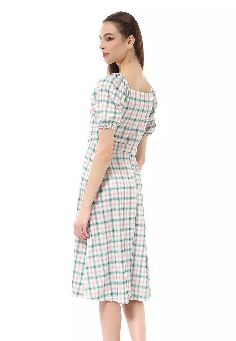 Rachel Dress Wanita Lengan Pendek Model Balon Plaid Motive Material Polyester ORIGINAL - Green