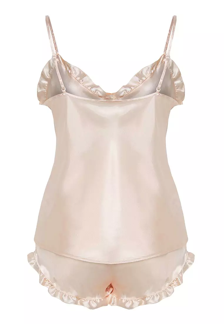 Ecru Frilled Rope Strap Satin Shorts Woven Pajama Set THMSS22PT0274