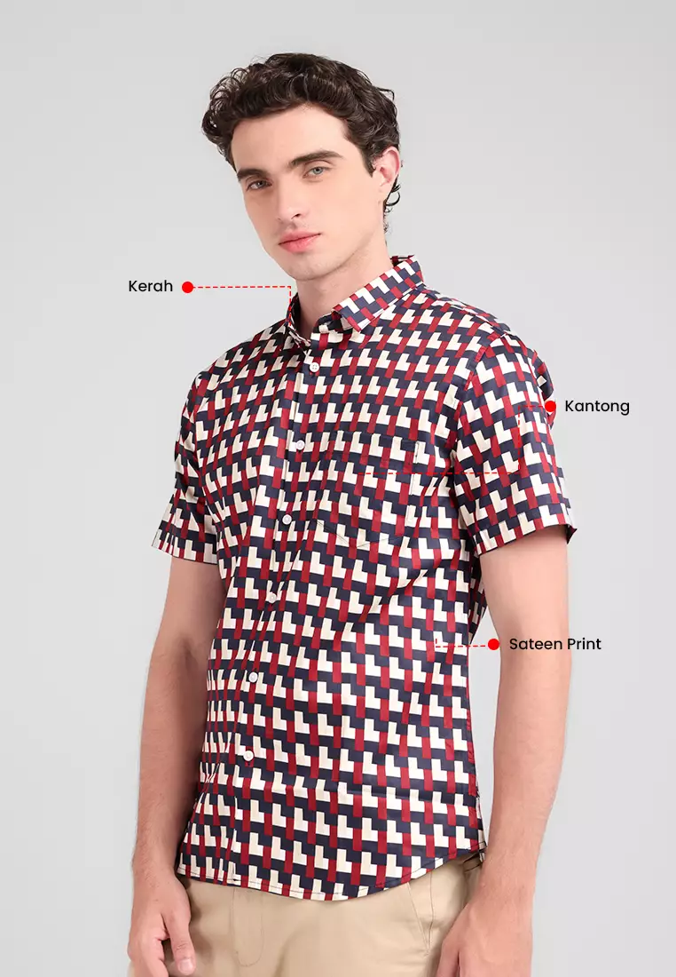 MANZONE - Kemeja Lengan Pendek Pria Slim Fit Largo - Maroon