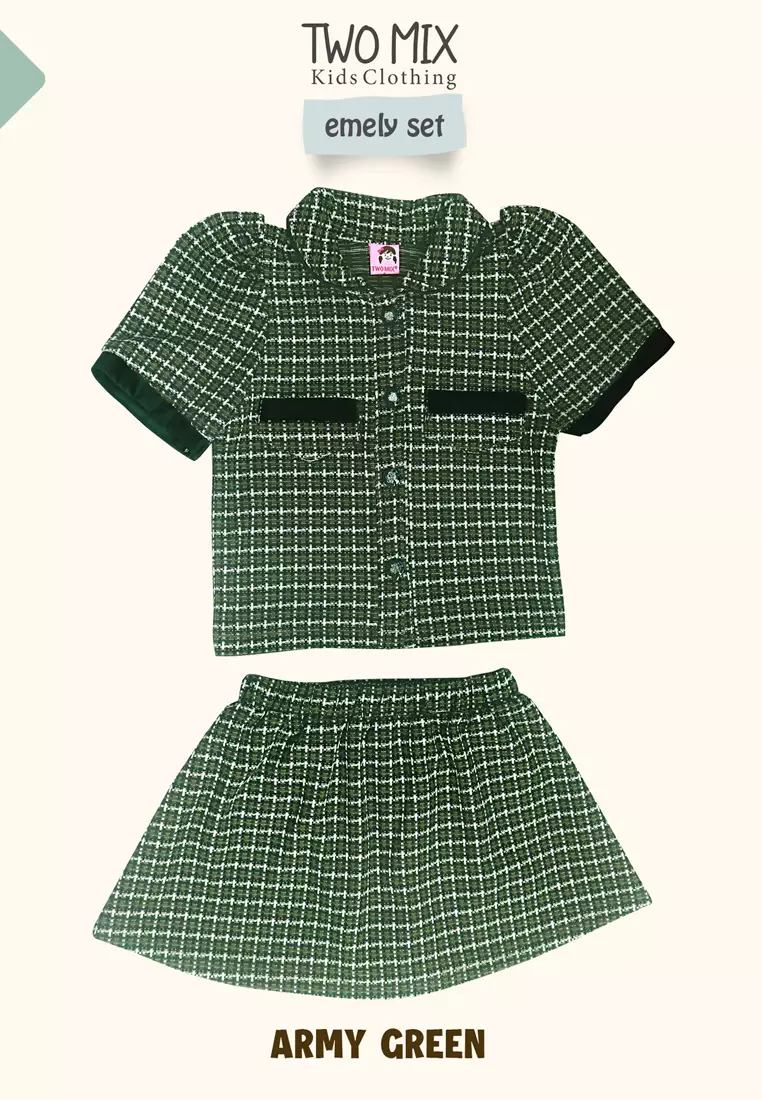 Two Mix - Setelan Baju Rok Anak Perempuan Lucu - Emely Set Ruffle 1-6 Tahun 4365B Army Green