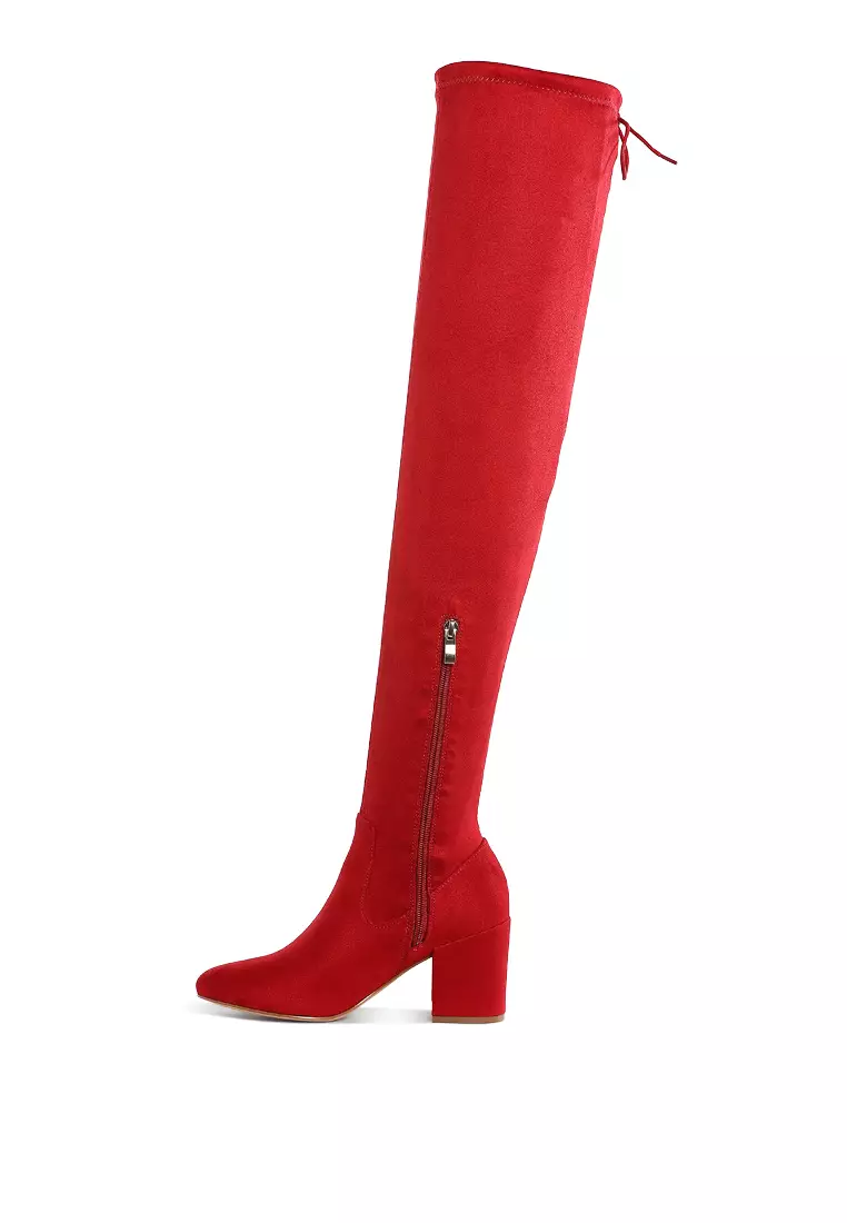 Minimal Drawstring Detail Knee-High Boots in Red