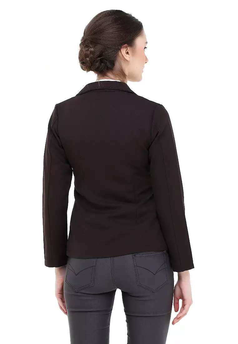 Qemsya Jas Blazer Wanita Korean Style Formal Longsleeve Suit Material Polyester ORIGINAL - Dark Brown