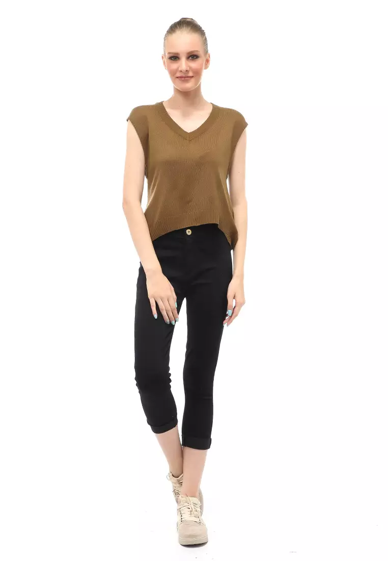 Vest Knit Atasan Wanita Sleeves Kerah V-neck Design Simple - Brown