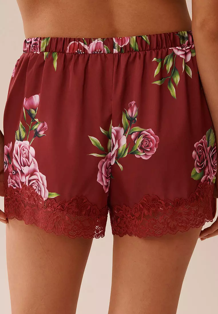 Rose Print Satin and Lace Trim Shorts