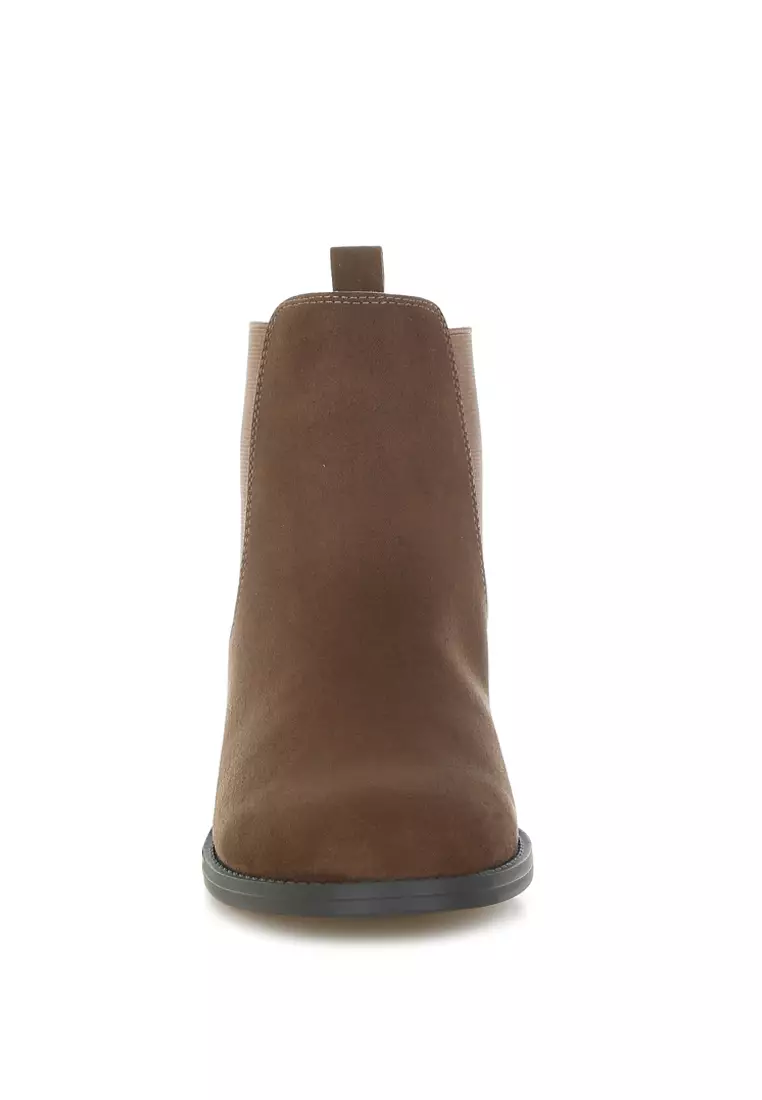 Sepatu bot Chelsea hak blok rendah warna coklat