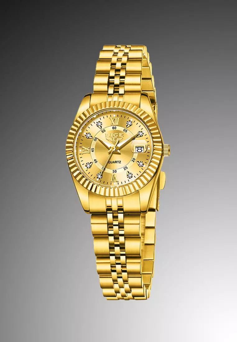 Ladies IP Gold Stainless Steel Quartz Watch, Date, Stainless Steel Bracelet