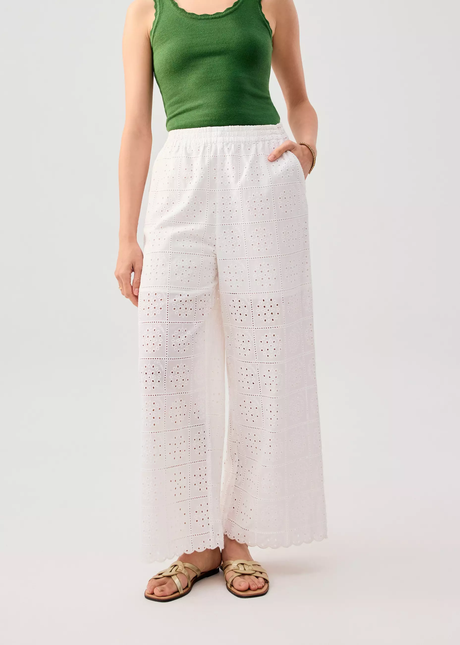 Celana Panjang Wanita - Elastic Cotton Broderie Mid Waist Straight Leg Pants