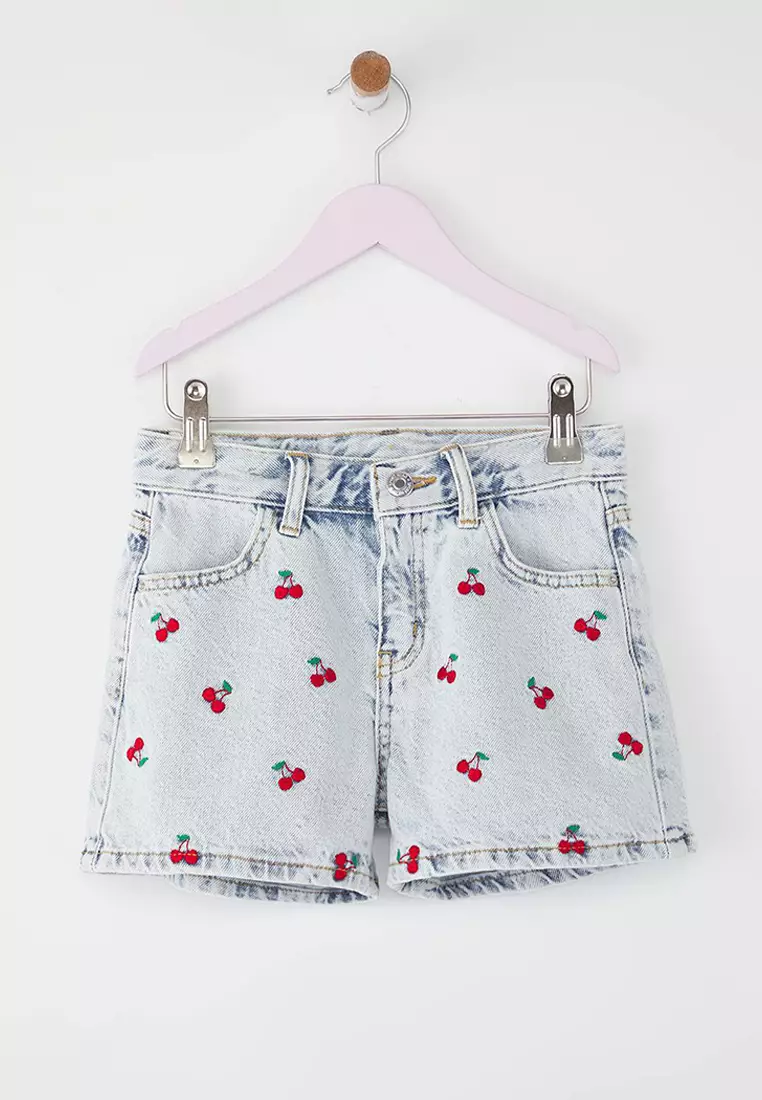 Blue Female Child 100% Cotton Cherry Embroidery Elastic Denim Shorts & Bermuda Tkdss25Sr00036