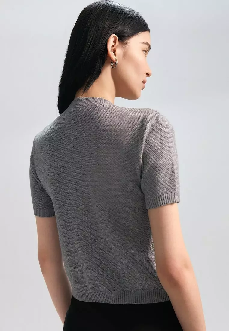 Gold Button Detail Short-Sleeve Cardigan - Mid Grey