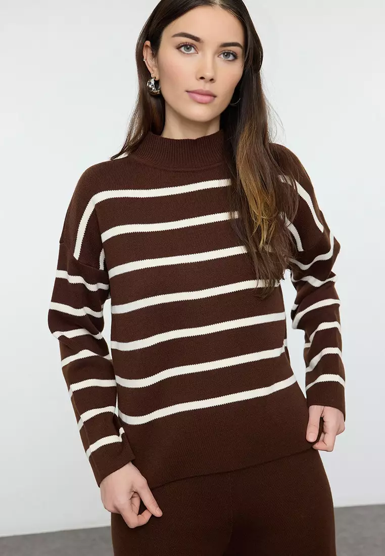 Brown Striped Knitted Trousers Bottom-Top Set Twoaw24Au00045