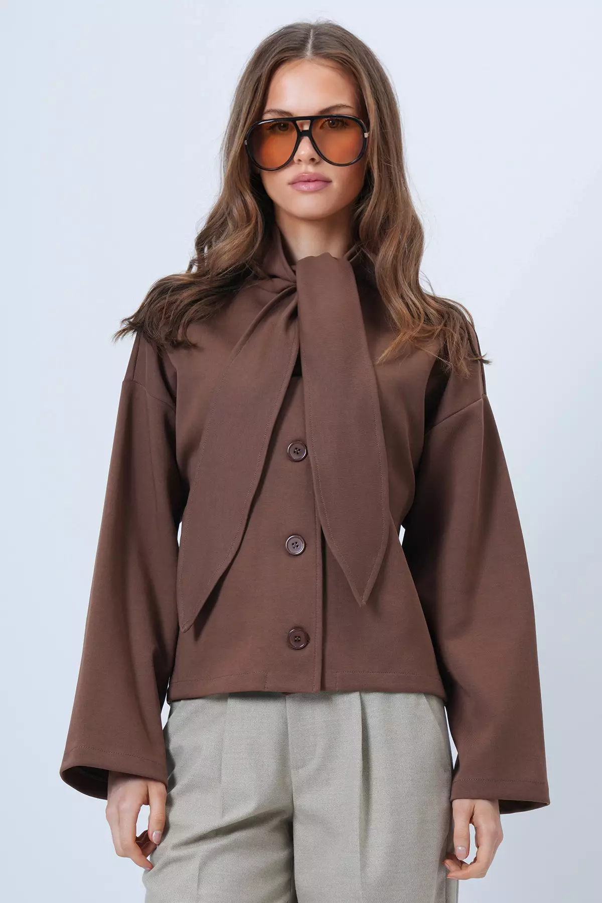 Brown Scarf Detailed Buttoned Jacket Alc-X14669