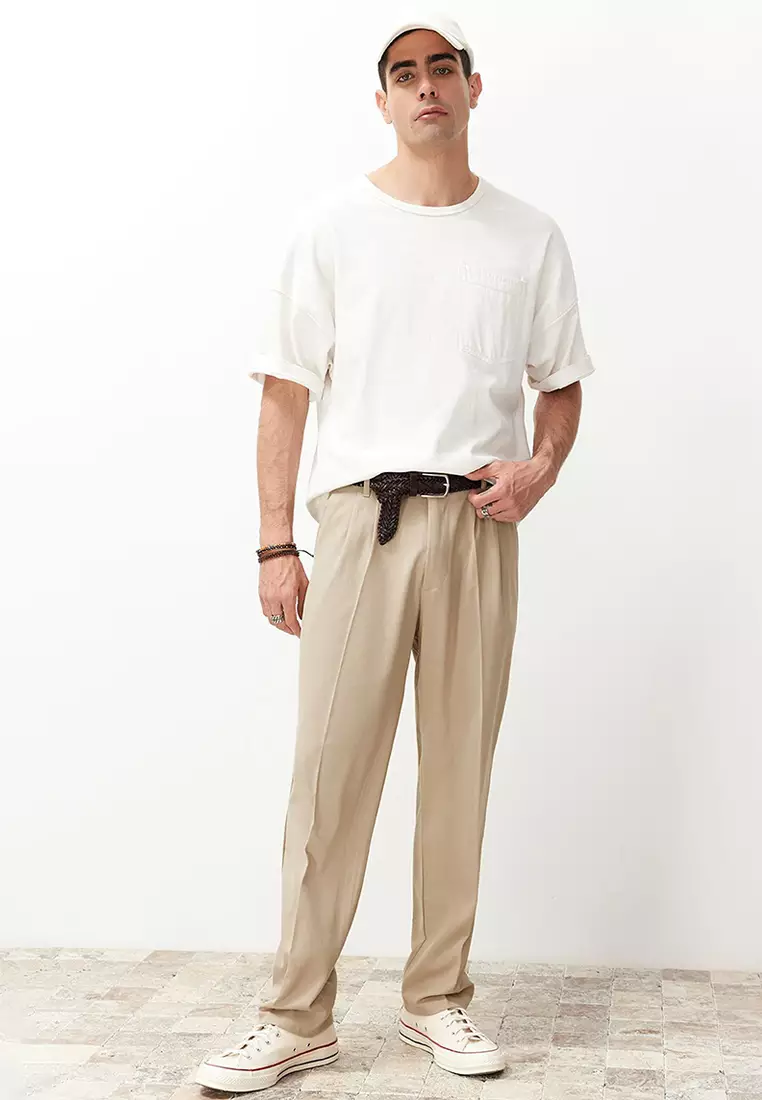 Beige Pleated Classic Baggy Fit Fabric Trousers TMNSS24PL00024