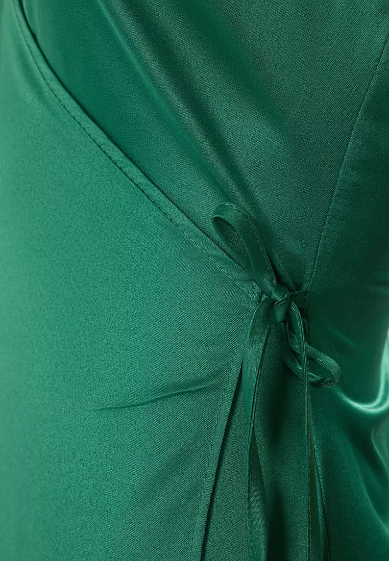 Emerald Green A-Line Satin Woven Long Elegant Evening Dress Graduation Dress TPRSS25AE00108