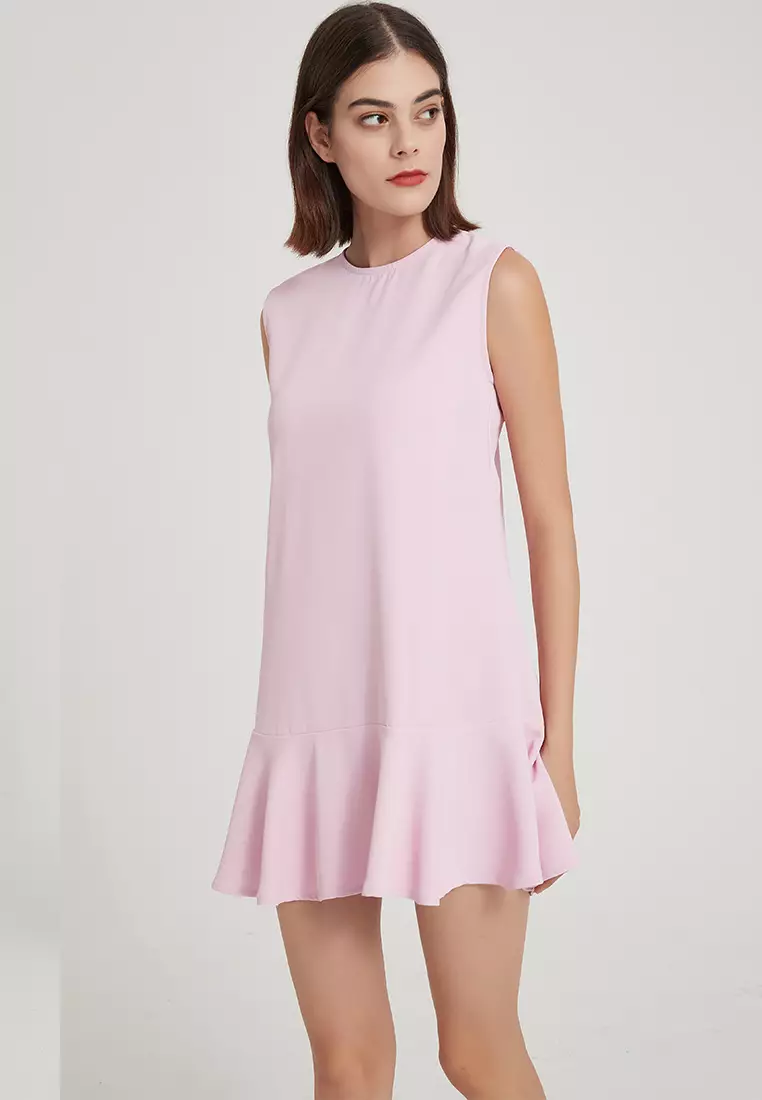 时尚气质高端简约无袖圆领荷叶边背心连衣裙经典纯红哑光缎面连身裙 B22041208PI