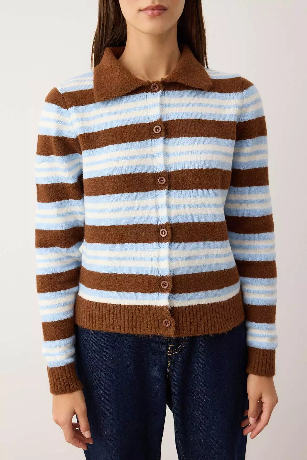 Wardrobe Essentials Brown*001 Polo Collar Striped Knit Cardigan |