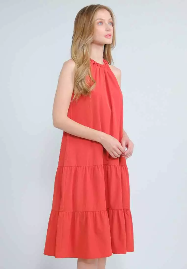 Orlisse Shift Flounce Hem Dress with Braided Neckline