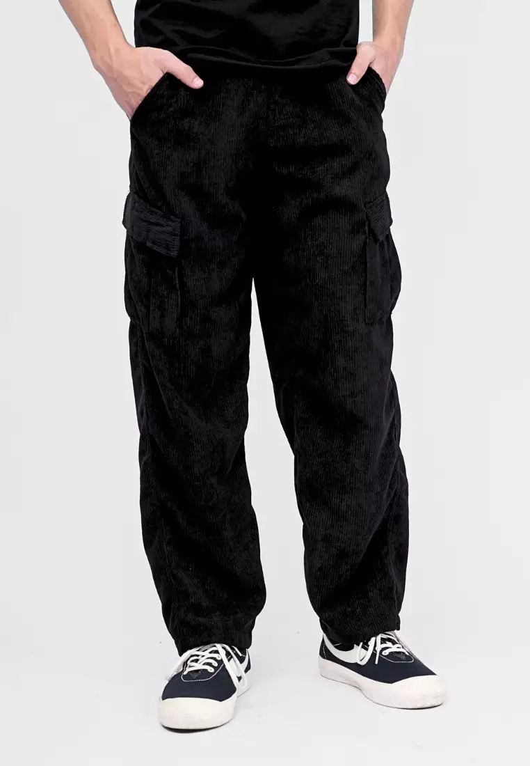 Ryusei Celana Cargo Corduroy Panjang Hitam Wide Fit Premium Casual Look