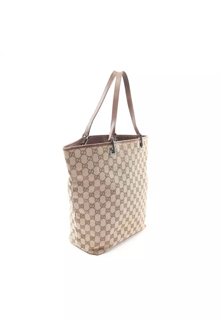 Pre-Loved Gucci GG canvas Shoulder bag tote bag canvas leather beige Dark brown