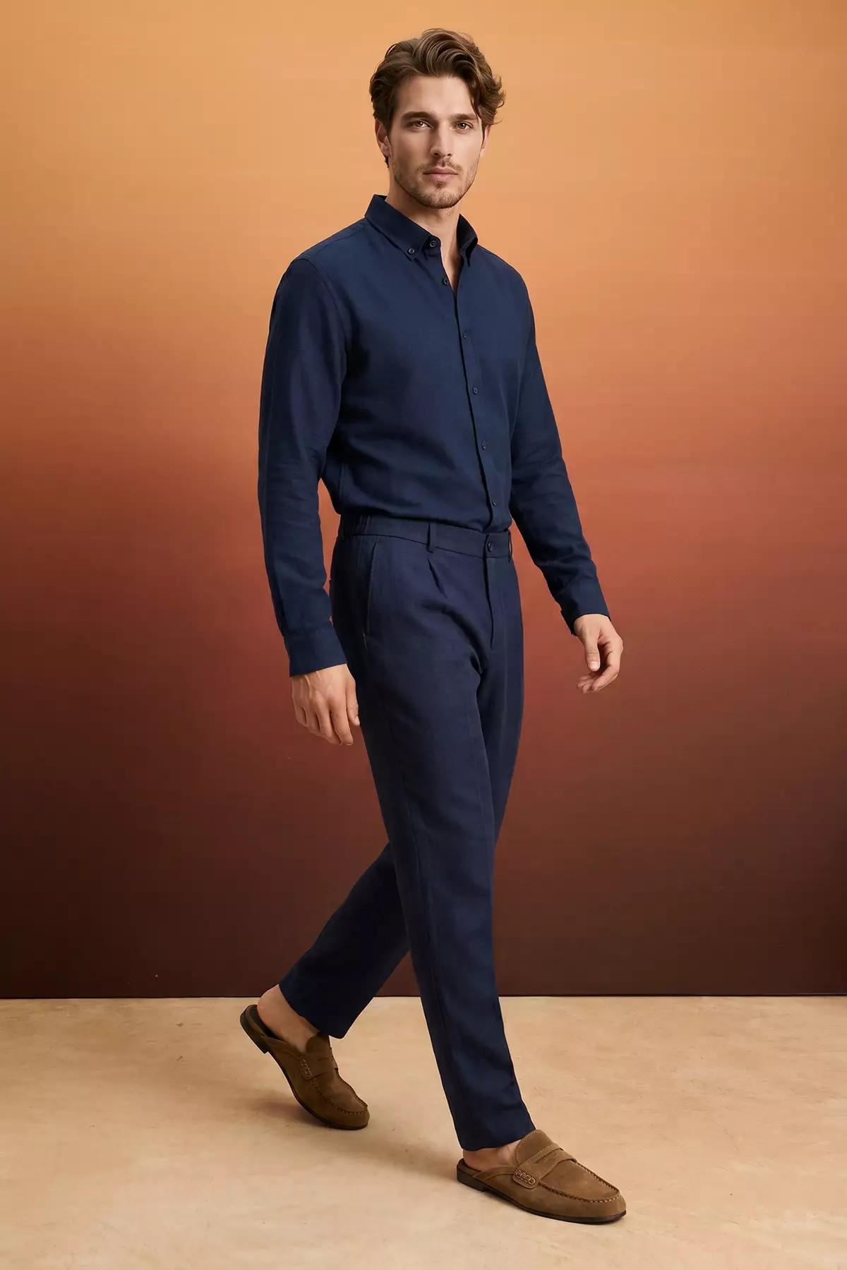 Navy Blue 100% Linen Elastic Waist Regular Waist Men'S Trousers Tmnss26Pl00026