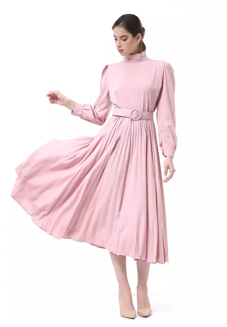 Rachel Long Dress Wanita Turtleneck Lengan Panjang Material Twiscone ORIGINAL - Pink