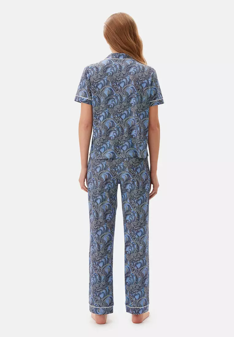 Blue Shirt & Trousers Knitwear Set, Paisley Printed, Shirt Collar, Regular, Long Leg, Short Sleeve Sleepwear for Women