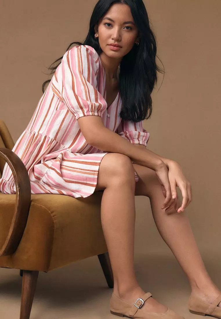 Short Sleeve Button Through Tiered Mini Dress with Linen