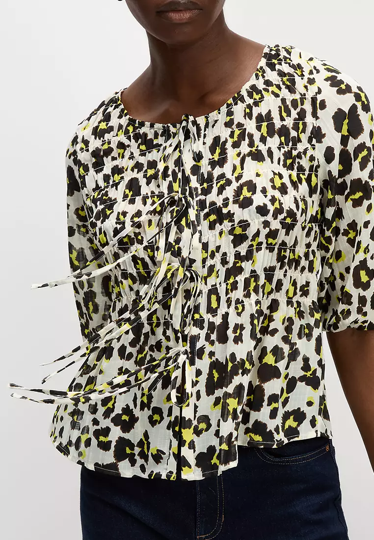 Shirred Tie Front Blouse