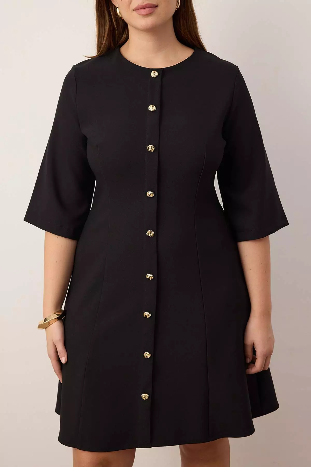 Black Gold Button Mini Woven Plus Size Dress Tbbaw26Ah00068