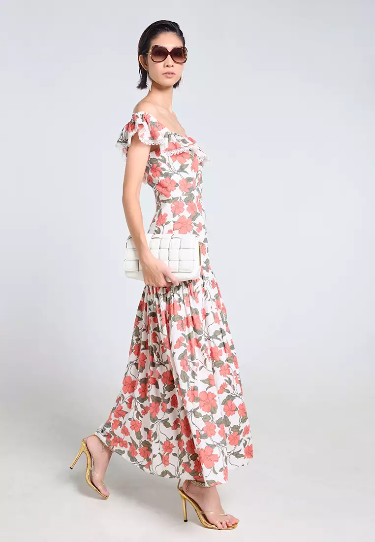 Ruffled Off-Shoulder Floral Linen Dress