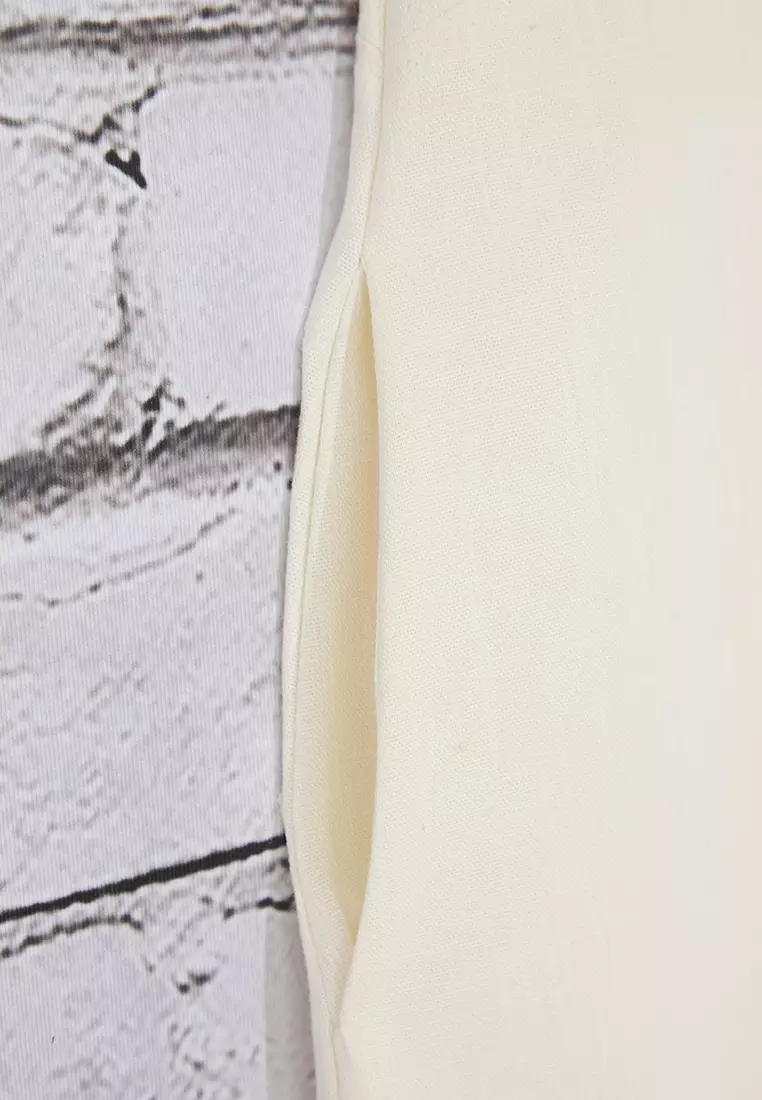 White Linen Blended Midi Dress With Stitching And Pocket Detail