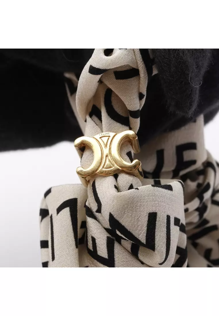 Pre-Loved Celine Triomphe scrunchie hair accessory logo print silk light beige black
