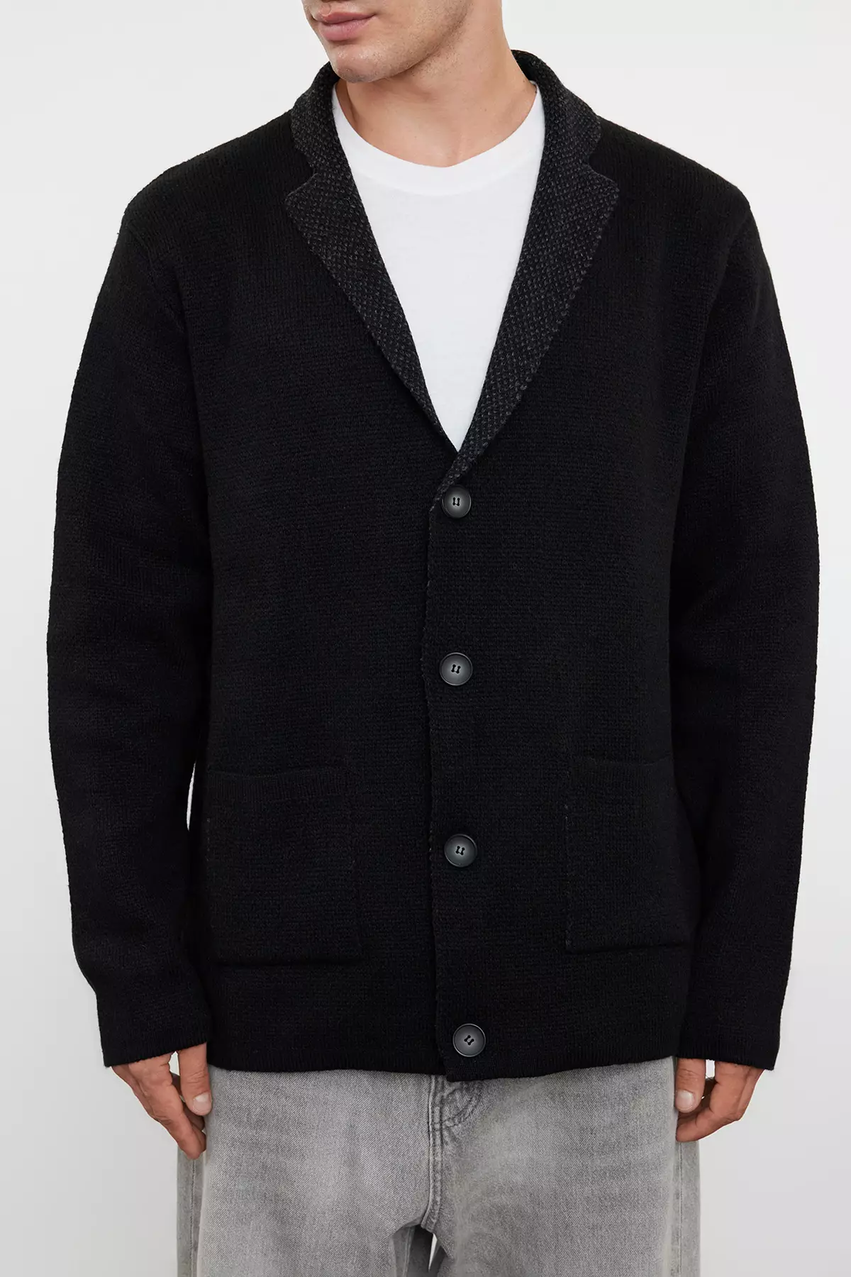 Black Regular Woolen Jacket Collar Plain Knitwear Cardigan Tmnaw22Hi0140