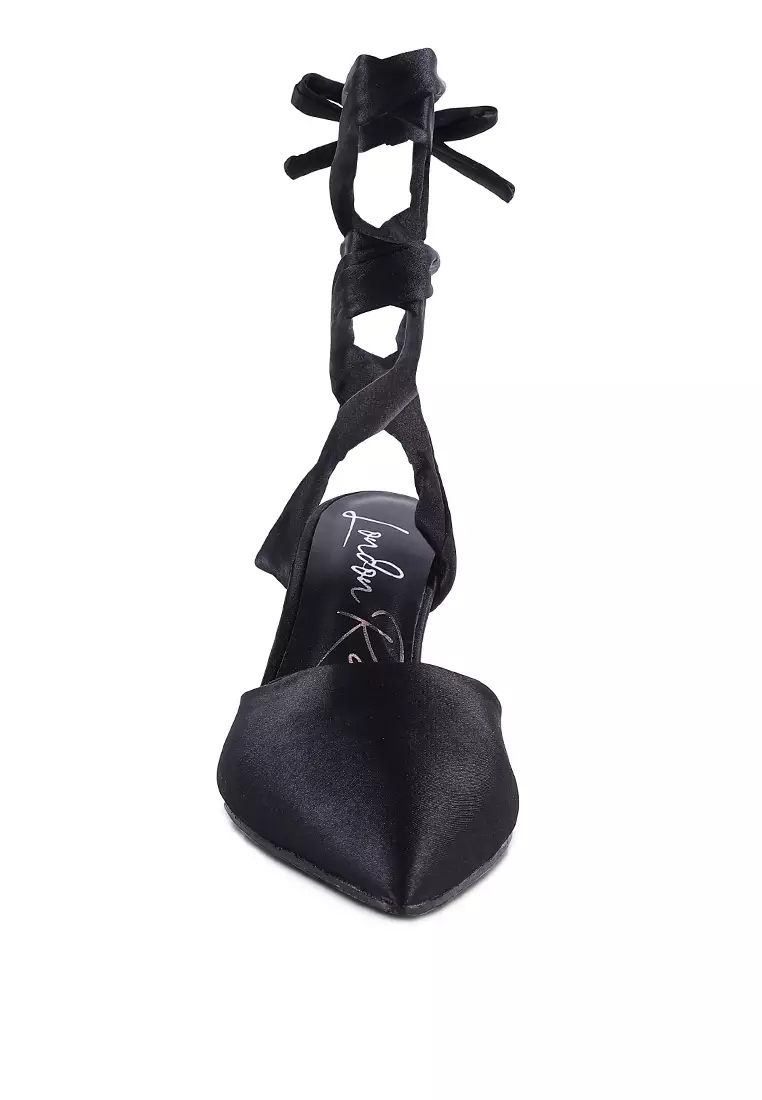 Black Kitten Heel Tie Up Satin Sandals