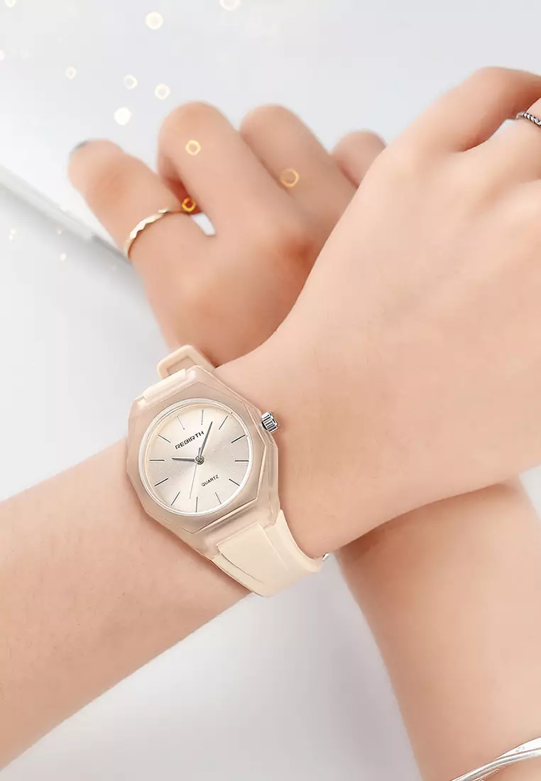 Jam Tangan Wanita Simple Analog Tali Silicone Anti Air Jam Tangan Cewek cream