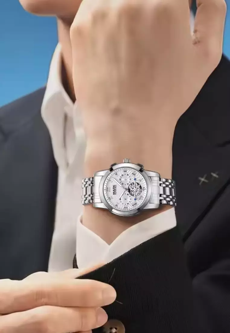 中性款不鏽鋼計時石英錶，白色錶盤，41 毫米，鋼錶鍊