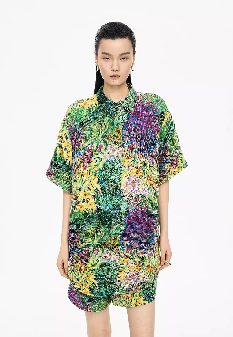 混纺图案元素花型宽松短袖衬衣