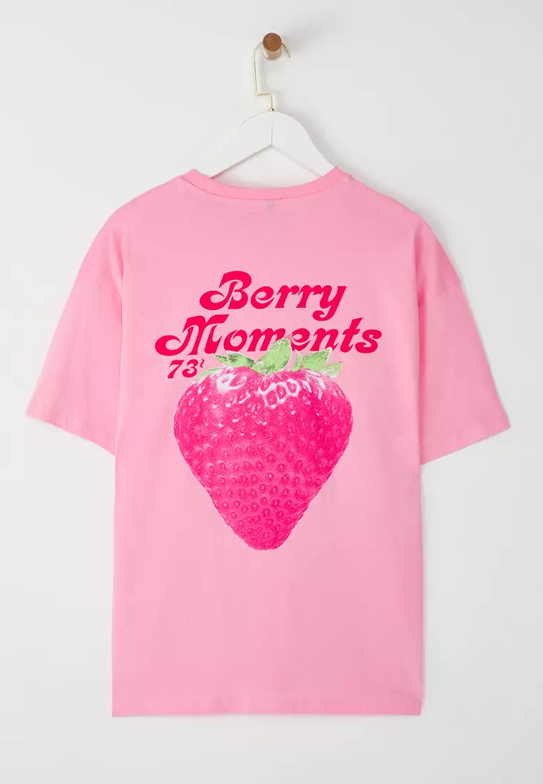 Light Pink Oversize/Wide Pattern Front Back Printed Knitted T-Shirt