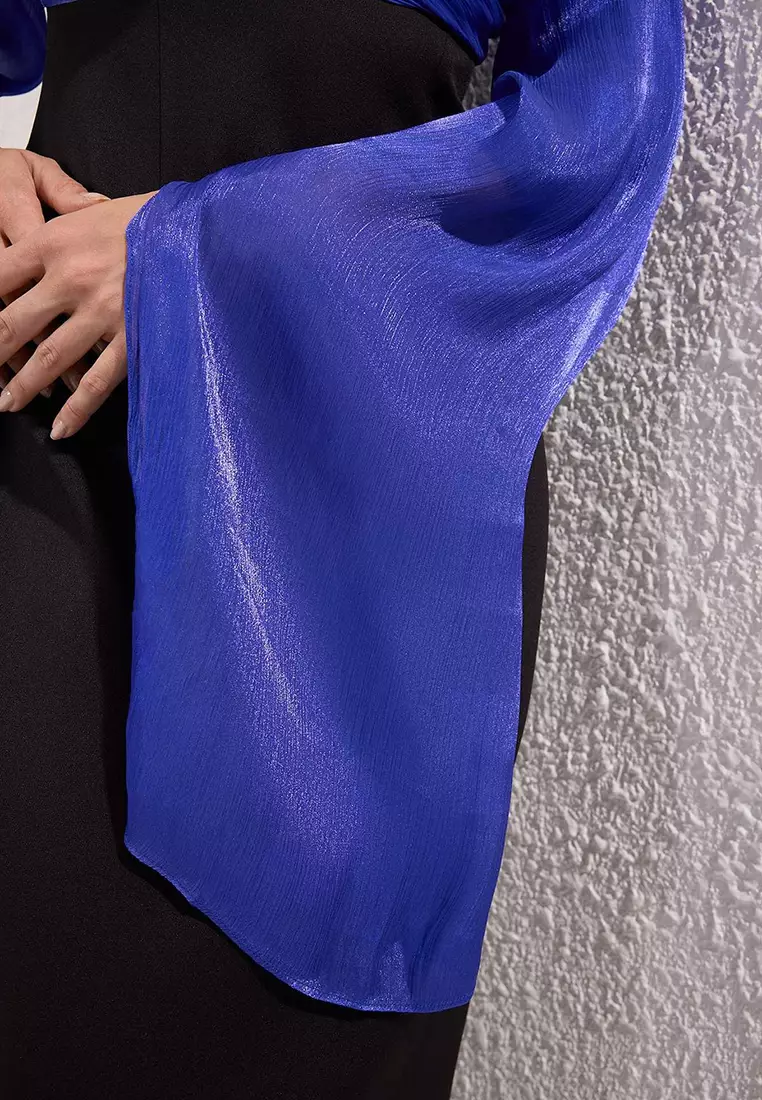 Navy Blue Glitter Color Block Special Day Woven Evening Dress TCTSS25DB00022