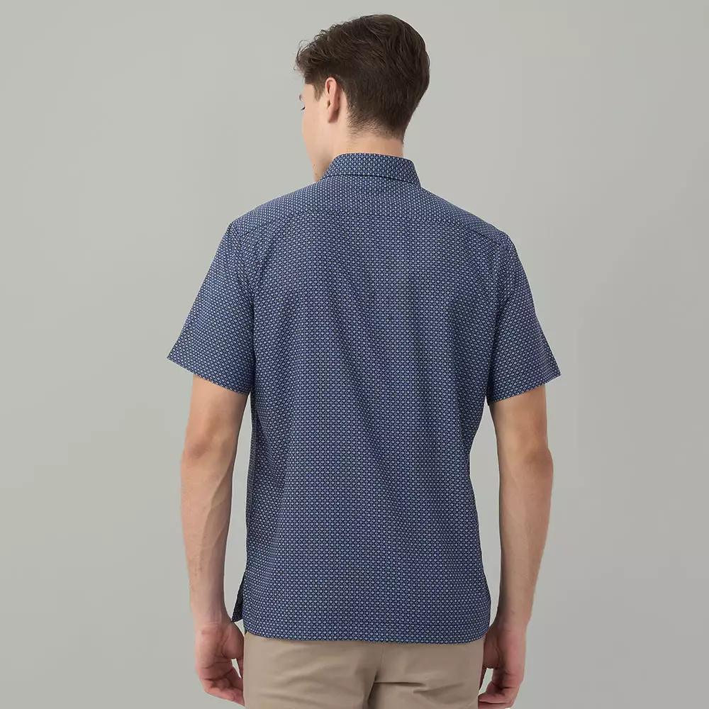 Kemeja Lengan Pendek Guy Laroche Printed Asell Rowen - Navy Cotton Smart Casual