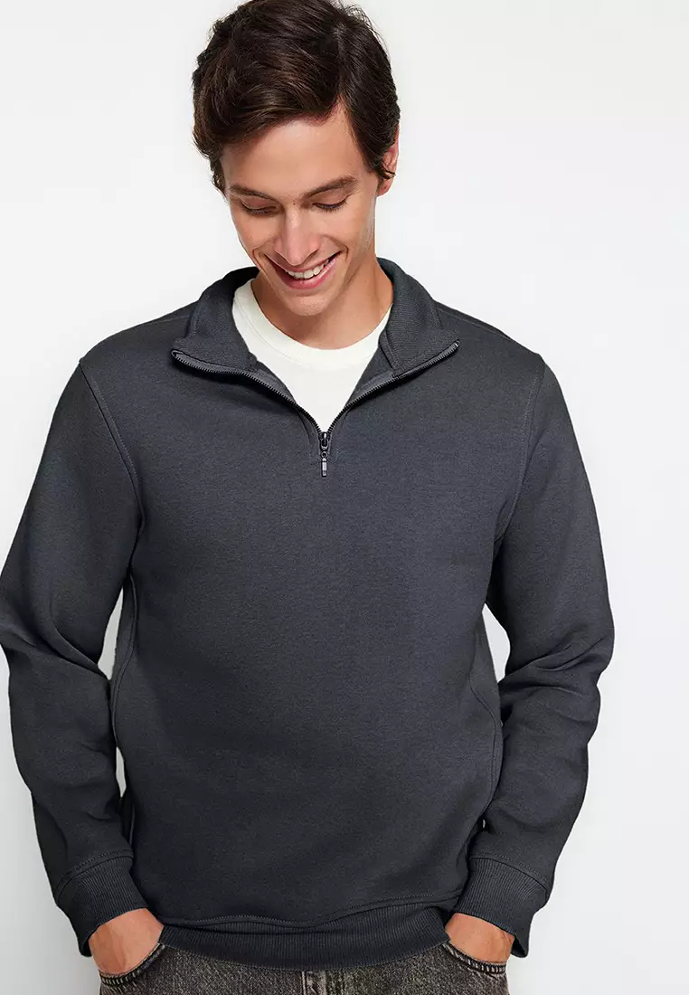 Anthracite Regular/Normal Cut Stand Collar Zippered Warm Basic Sweatshirt TMNAW24SW00041