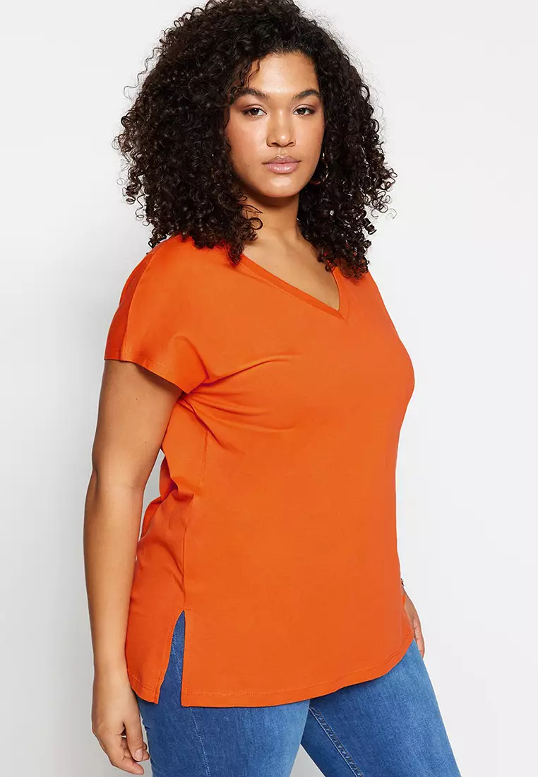 Plus Size V-Neck Slit T-Shirt