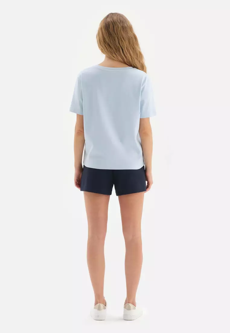 Light Blue Tshirts, V-Neck, Oversize, Short Sleeve Loungewear for Women