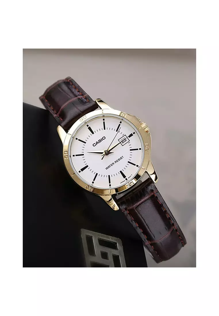 Couple Analog Watch MTP/LTP-V004GL-7A Brown Leather Strap