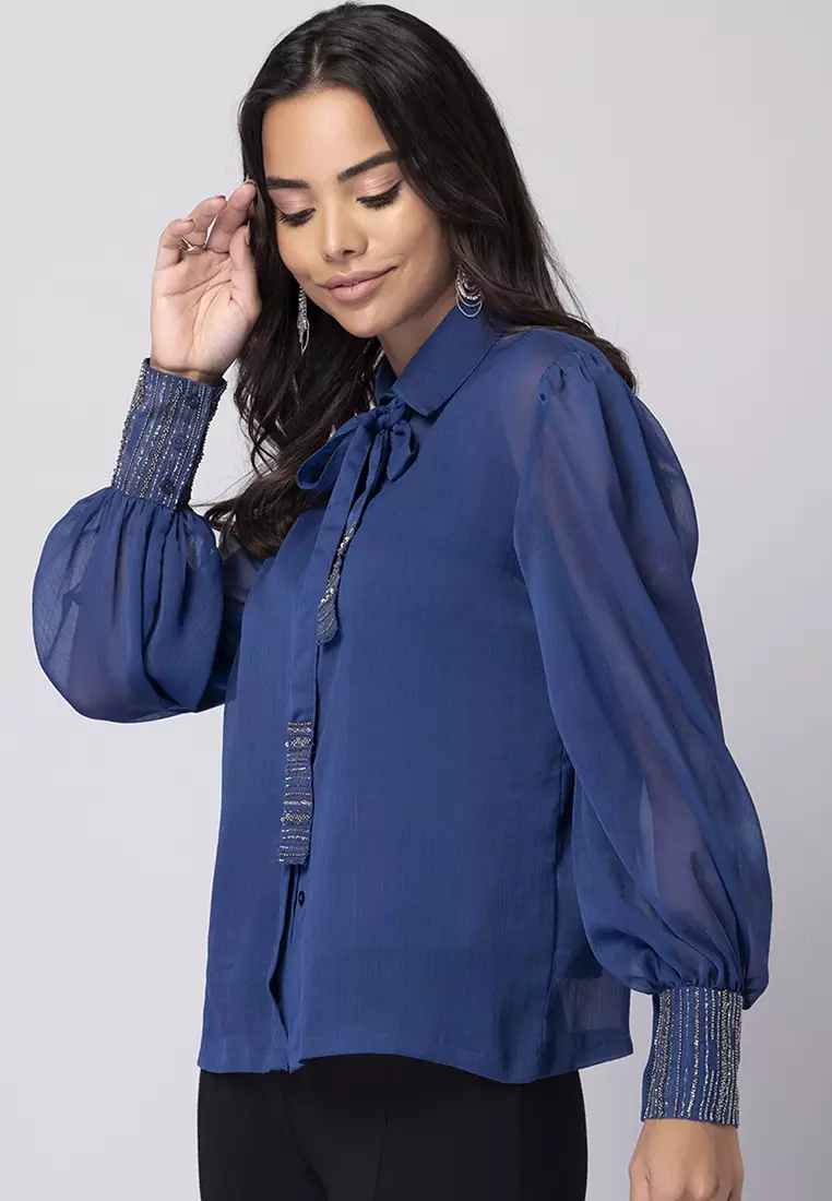 Blue Embellished Bow Collar Shirt