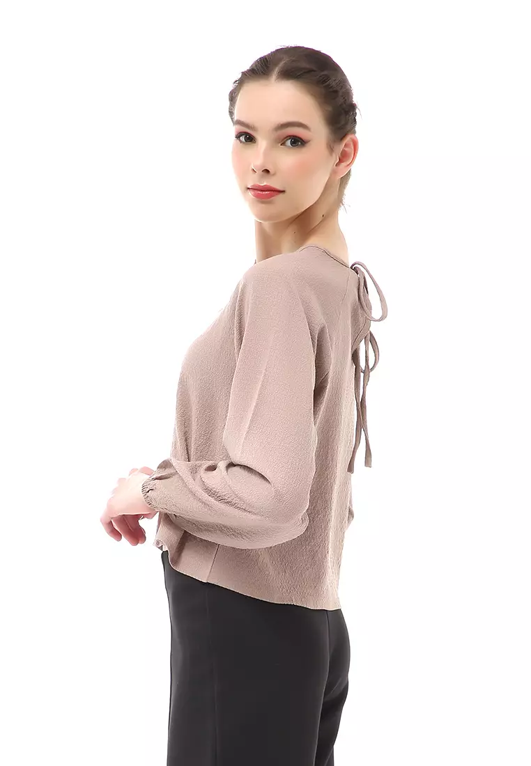 Albertine Blouse Atasan Wanita Lengan Panjang Desain Balon Material Crinkle ORIGINAL - Coffee