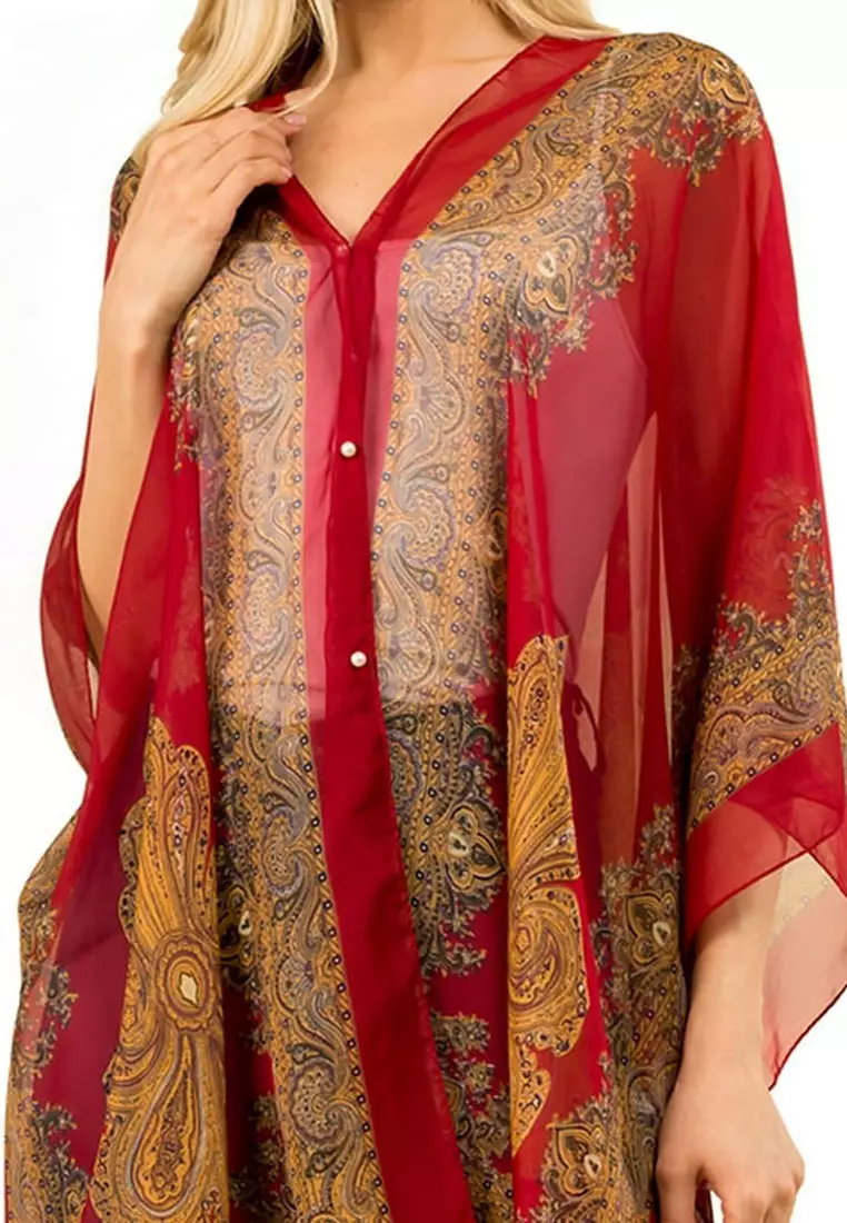 Aksesoris Wanita Victorian Print Multipurpose Scarf & Outer Poncho Style Syal Outer Wanita Red