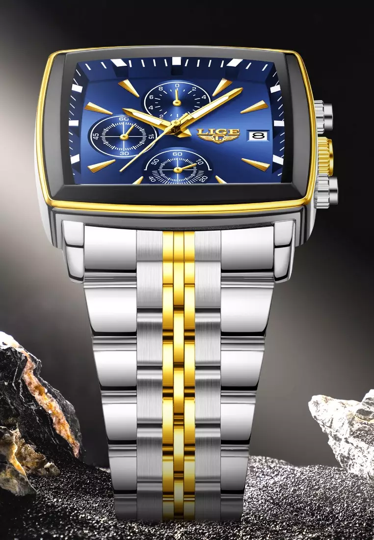 Chronograph Unisex Gold color finished Stainless Steel Quartz Watch 40X40mm, Green Dial, on Bicolor Bracelet