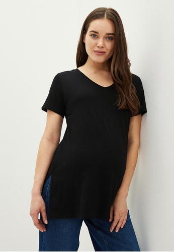LC WAIKIKI black V Neck Straight Short Sleeve Cotton Maternity T-Shirt 71477AAC4E939EGS_1